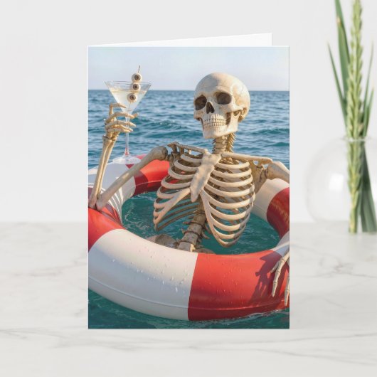 Carte Squelette d'Halloween flottant dans un bouée de sa (Devant)
