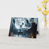 Carte Squelette d'Halloween Jouer un piano (Fleur jaune)