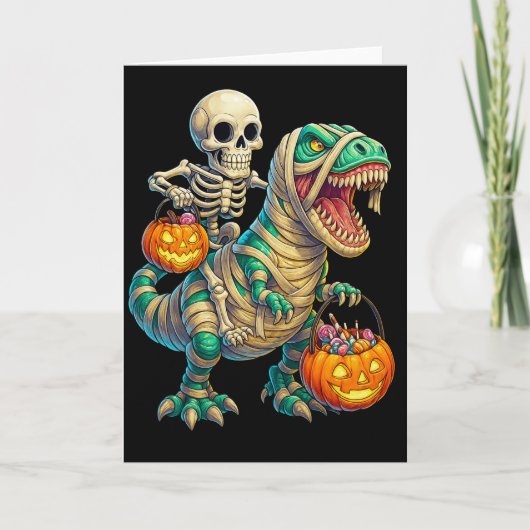 Carte Squelette Fantaisiste à Cheval sur un T-Rex Momie (Devant)