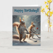 Carte Squirrels playing Hockey Birthday (Fleur jaune)