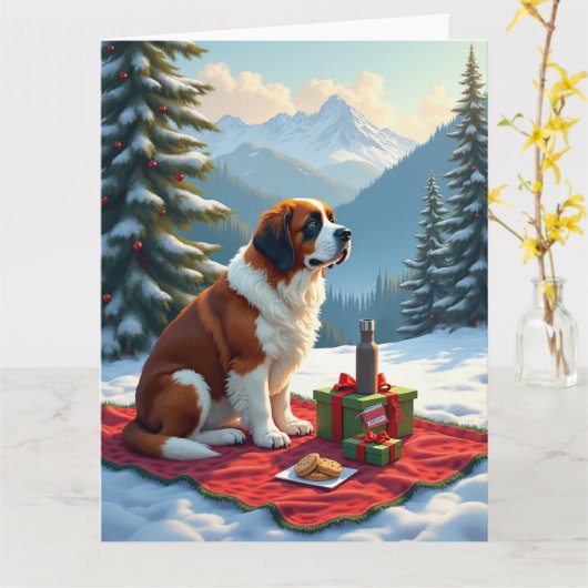Carte St. Bernard Winter Picnic Christmas Painting (Fleur jaune)