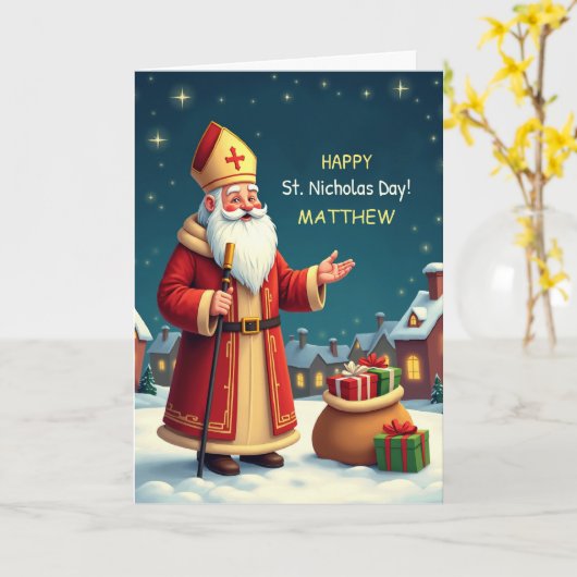 Carte St Nicholas Day Customizable Name Smiles Wishes (Fleur jaune)