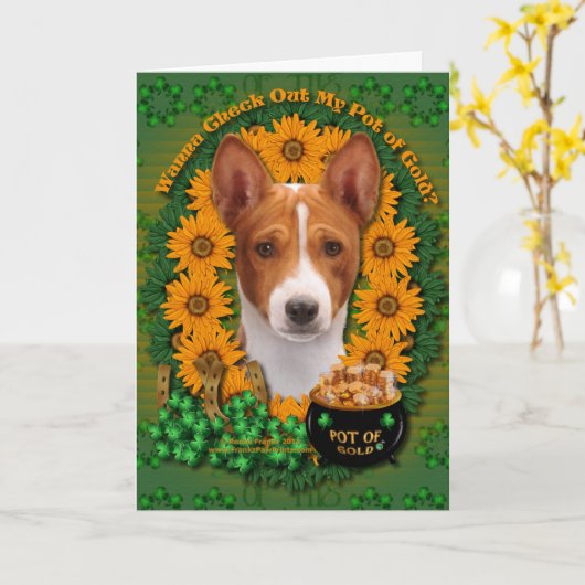 Carte St patrick - pot d'or - Basenji (Fleur jaune)