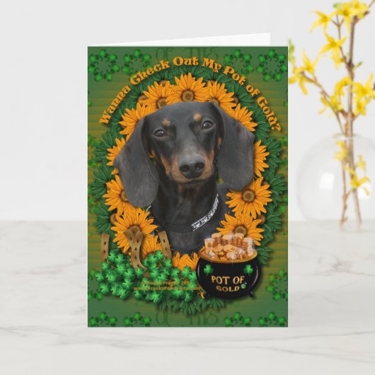 Carte St patrick - Pot d'or - Dachshund - Winston (Fleur jaune)