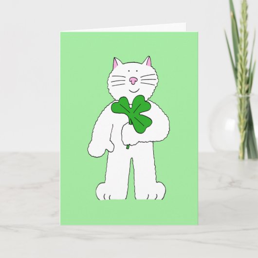 Carte St Patrick's Day Chat blanc avec Shamrock (Devant)