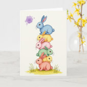 Carte Stacked Rabbit Friends Cute Art Card (Fleur jaune)
