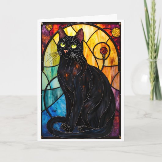 Carte Stained Glass Style Charming Black Cat (Devant)