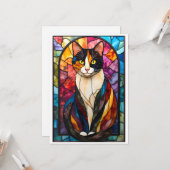 Carte Stained Glass Style Charming Calico Cat (Devant/Arrière en situation)