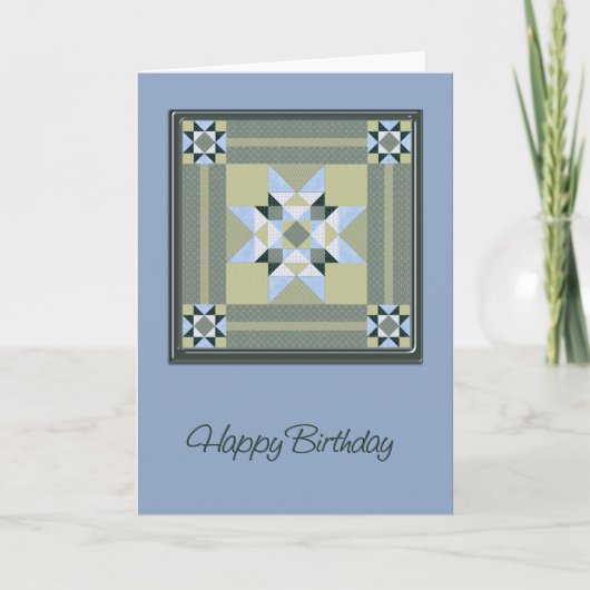 Carte Star Quilt Carré en bleu & vert Anniversaire (Devant)