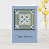 Carte Star Quilt Carré en bleu & vert Anniversaire (Fleur jaune)