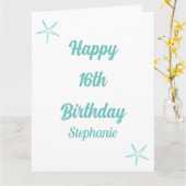 Carte Starfish 16e anniversaire Seize bleu Turquoise Nom (Fleur jaune)