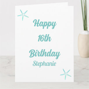 Carte Starfish 16e anniversaire Seize bleu Turquoise Nom