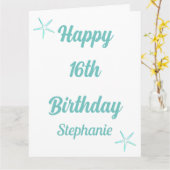 Carte Starfish 16e anniversaire Seize bleu Turquoise Nom (Fleur jaune)