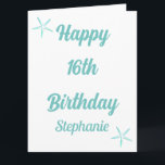 Carte Starfish 16e anniversaire Seize bleu Turquoise Nom<br><div class="desc">Conçu avec le design étoile de mer,  message "Happy Seizième Anniversaire" et modèle de nom personnalisé que vous pouvez modifier pour customiser et aussi personnalisé arrière - plan de couleur!</div>
