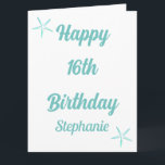 Carte Starfish 16e anniversaire Seize bleu Turquoise Nom<br><div class="desc">Conçu avec le design étoile de mer,  message "Happy Seizième Anniversaire" et modèle de nom personnalisé que vous pouvez modifier pour customiser et aussi personnalisé arrière - plan de couleur!</div>