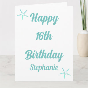 Carte Starfish 16e anniversaire Seize bleu Turquoise Nom