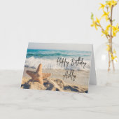 Carte Starfish sur une plage de sable Photo Anniversaire (Fleur jaune)