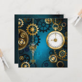 Carte Steampunk Arrière - plan turquoise avec Gears (Devant/Arrière en situation)