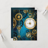 Carte Steampunk Arrière - plan turquoise avec Gears (Devant/Arrière en situation)