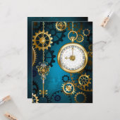 Carte Steampunk Arrière - plan turquoise avec Gears (Devant/Arrière en situation)