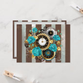 Carte Steampunk Clock and Turquoise Roses on Striped (Devant/Arrière en situation)