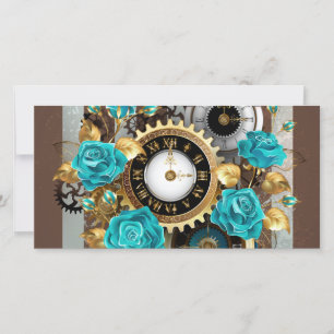 Carte Steampunk Clock and Turquoise Roses on Striped