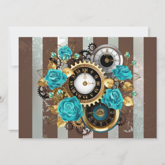 Carte Steampunk Clock and Turquoise Roses on Striped (Devant)