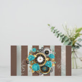 Carte Steampunk Clock and Turquoise Roses on Striped (Debout devant)