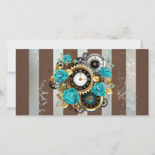 Carte Steampunk Clock and Turquoise Roses on Striped