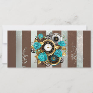 Carte Steampunk Clock and Turquoise Roses on Striped