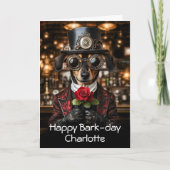 Carte Steampunk Dachshund Chien + Rose AH10 Anniversaire (Devant)
