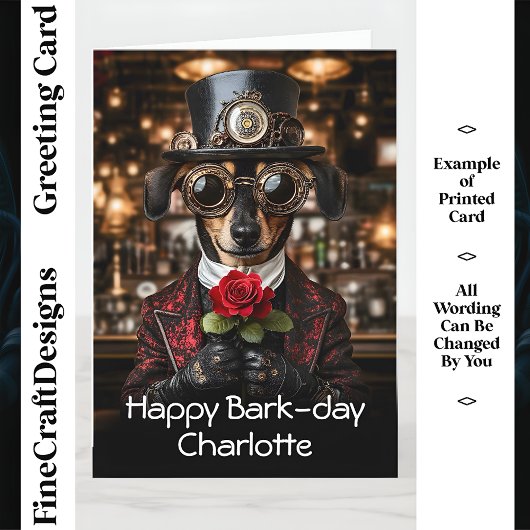Carte Steampunk Dachshund Chien + Rose AH10 Anniversaire