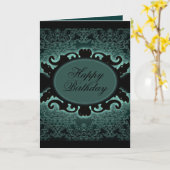 Carte Steampunk Turquoise noir Damas gothique monogramme (Fleur jaune)