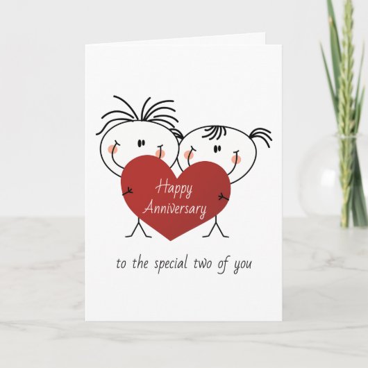 Carte Stick Anniversaire Figure Couple Avec Coeur (Devant)