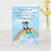 Carte Stick Anniversaire Figure Couple sur un arc-en-cie (Fleur jaune)