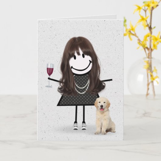 Carte Stick Figure Anniversaire fille avec chien (Fleur jaune)
