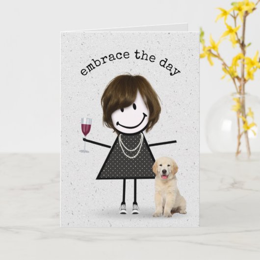 Carte Stick Figure Anniversaire fille avec chien (Fleur jaune)