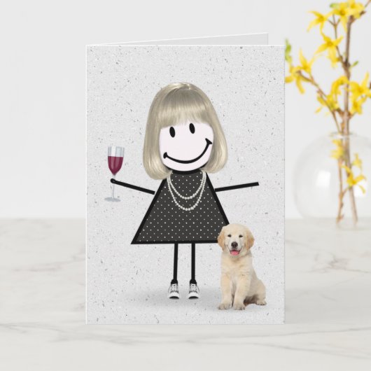 Carte Stick Figure Anniversaire fille avec Golden Retrie (Fleur jaune)