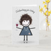 Carte Stick Figure Anniversaire fille avec verre à vin (Fleur jaune)