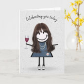 Carte Stick Figure Anniversaire fille avec verre à vin (Fleur jaune)