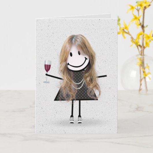 Carte Stick Figure Anniversaire fille avec vin (Fleur jaune)