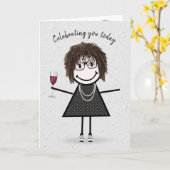 Carte Stick Figure Anniversaire fille avec vin rouge (Fleur jaune)