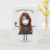 Carte Stick Figure Anniversaire fille avec vin rouge (Fleur jaune)