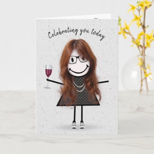 Carte Stick Figure Anniversaire fille avec vin rouge (Fleur jaune)