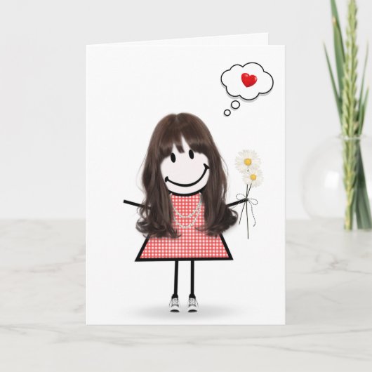 Carte Stick Figure Girl En vichy robe penser de vous (Devant)