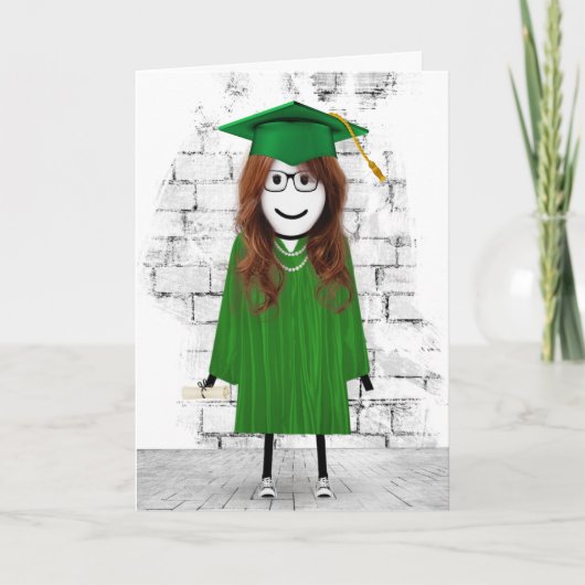 Carte Stick Girl Graduate avec cheveux et diplôme (Devant)