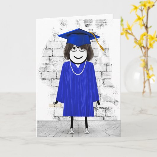 Carte Stick Girl Graduate avec cheveux et diplôme (Fleur jaune)