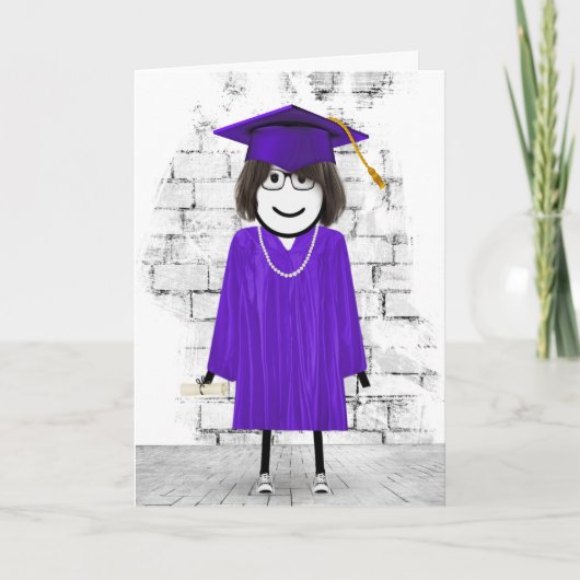 Carte Stick Girl Graduate avec cheveux et diplôme (Devant)
