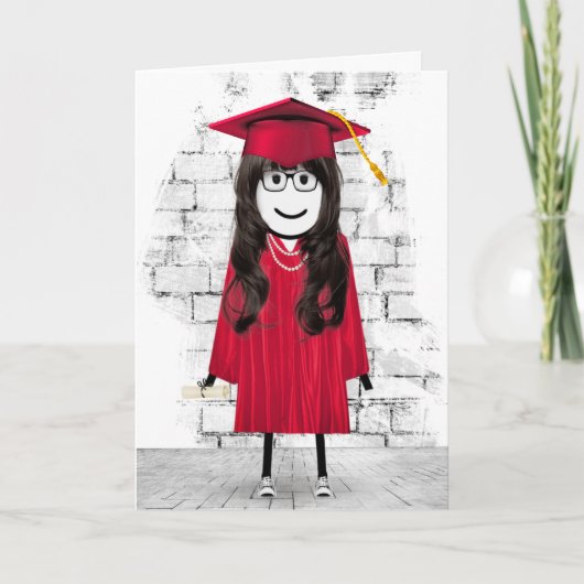 Carte Stick Girl Graduate avec cheveux et diplôme (Devant)