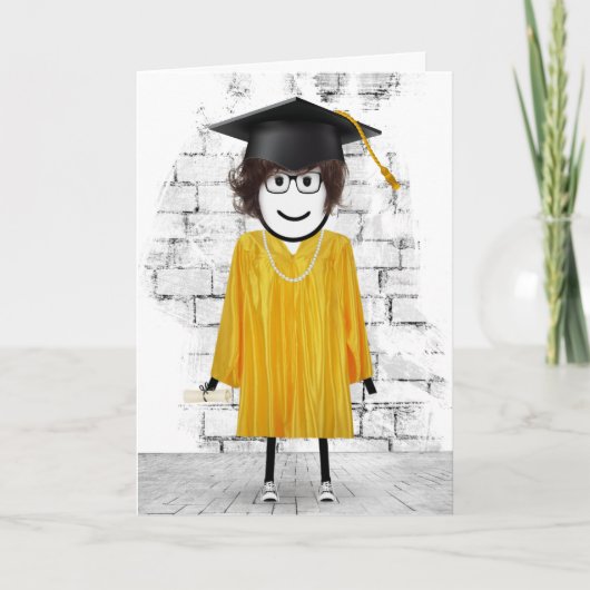 Carte Stick Girl Graduate avec cheveux et diplôme (Devant)